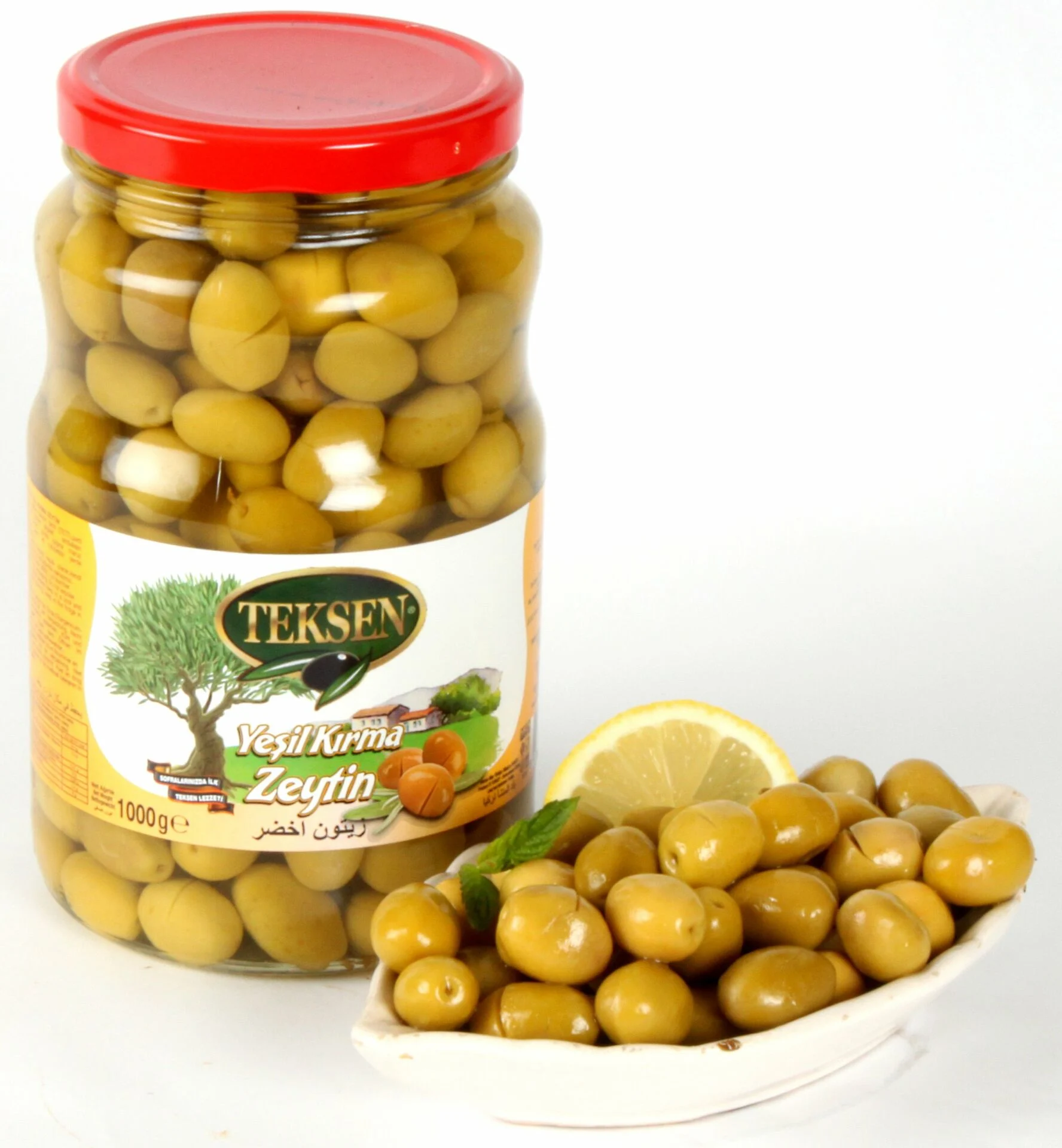 TEKSEN Taş Kırma Yeşil Zeytin Cam Kavanoz-1000G